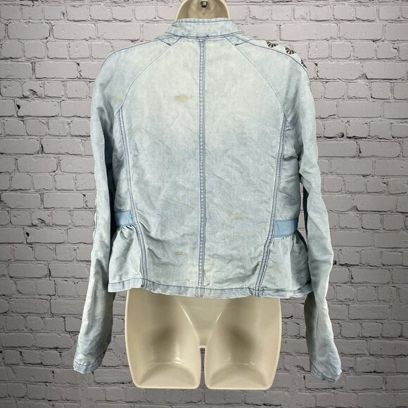 Free People Blue Linen Cotton Embroidered Stud Sleeve Light Jacket XS *stained - Picture 2 of 16